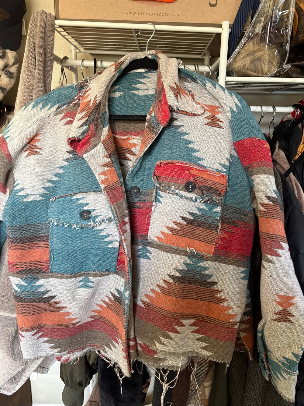 LA MIEL Teal, Red, Orange Southwestern Print Jacket